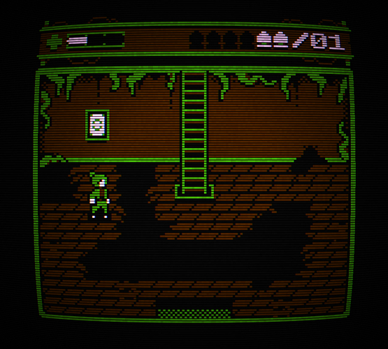 Pixel art scene from an unreleased game. A character with her hair tied back in a bun and a waist-length jacket stands on the left side of a room, gazing at a tall ladder ascending through to the room above. Strange tentacles are visible around the edges. The floor of the room is wooden, but with large gaps visible in multiple places. The scene is rendered with a strange green/brown 2 bit palette, and overlaid with a shader emulating a crt screen.