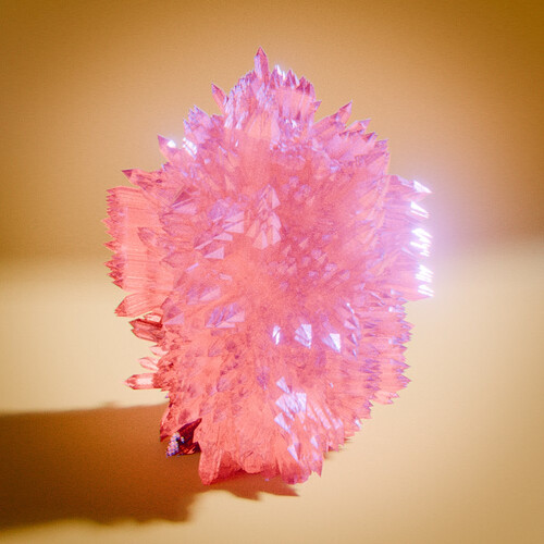 XYLOPHERROS SMYTHWICKE. A Pink Crystal with light blue touches. The pink crystal sits on a warm yellow floor with the same colour background. Semi-Translucent crystal.