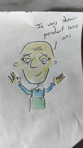 sketch of a bald man wearing an apron. They appear very tired but happy