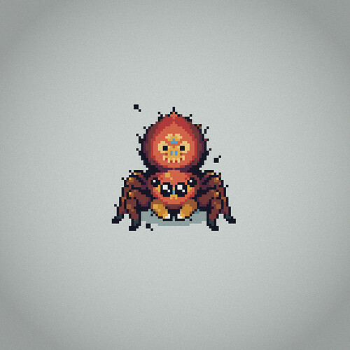 pixel art depiction of a jumping spider with vibrant orange colours