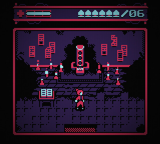 screenshot from a pixel art game. A character with hair tied back stands before some kind of shrine in a dark room with extensive damage to the walls and floors. Candles flicker on either side of the room. It's rendered with a green purple, neon-pink and pale blue 2-bit palette overlaid with a dot matrix style effect.