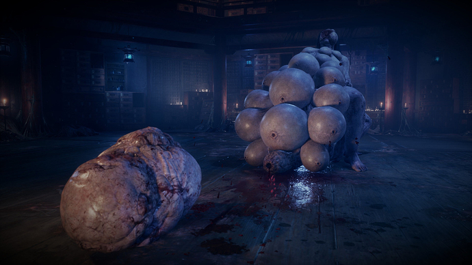 Screenshot from the game Silent Hill F with a Hatcher enemy prominently featured. It resembles a large, faceless female figure with multiple pregnant stomachs. It has just spawned a new enemy, wrapped in a cocoon of flesh.