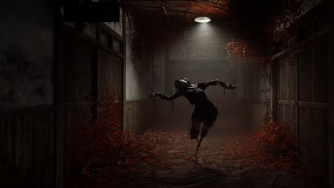 Screenshot from the game Silent Hill F. A scarecrow-like figure stands in the centre of a dark corridor filled with blood-red flowers. It holds a horribly contorted pose.