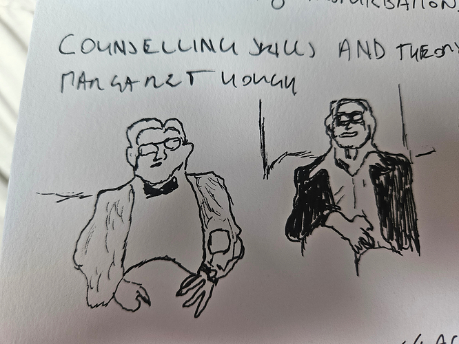 Sketch of Aaron Beck (left) and Albert Ellis (right). Very loosely drawn, a bit like a Brad Neely comic. Details we can make out include Beck's glasses and bowtie, and Ellis' shirt with big collars, unbuttoned at the neck.