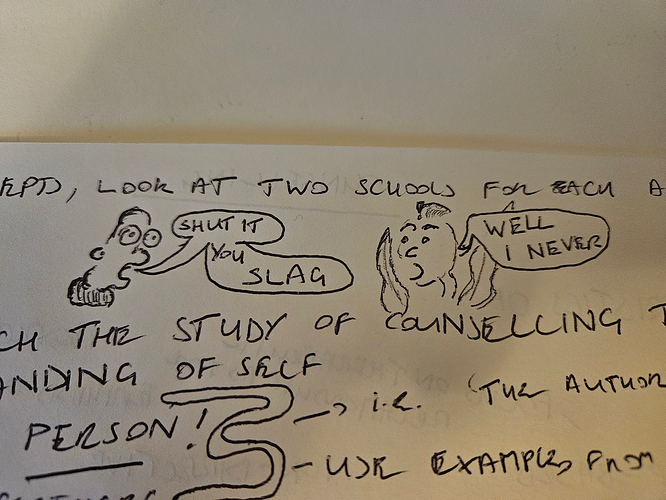 A little Zig and Zag/Home Movies-lookin' fella says 'SHUT IT YOU SLAG' to a thistle lady, who responds by holding up her arm-leaves and exclaiming 'WELL I NEVER'