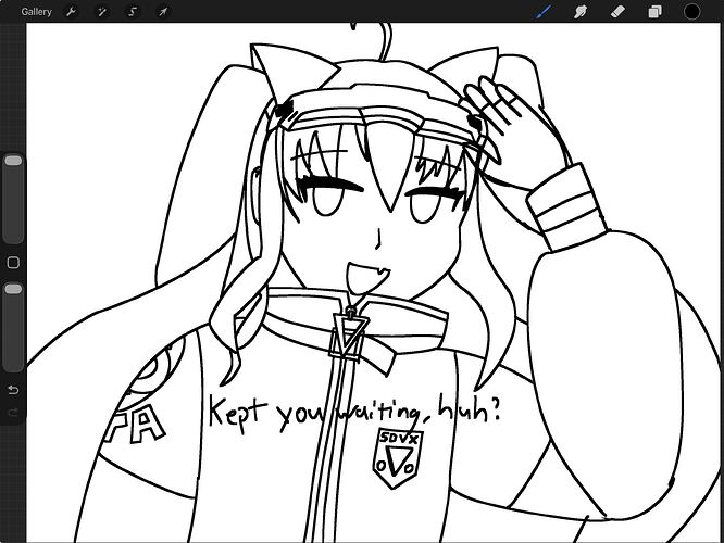 Sketch WIP: Grace from Sound Voltex Nabla posing in a similar manner to Big Boss from Metal Gear Solid V: Ground Zeroes. Text says "Kept you waiting, huh?"