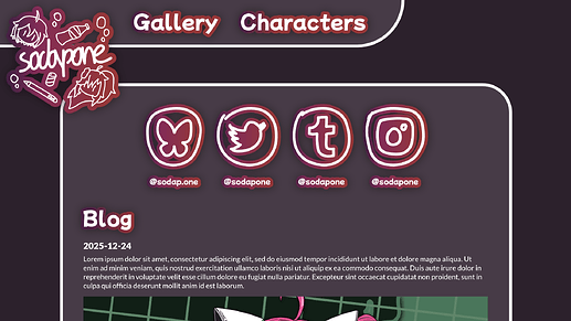 Mockup of sodapone's personal site (dark mode)
