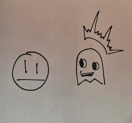 A neutral smiley face and a surprised looking ghost. This one must have been inspired by Pac Man