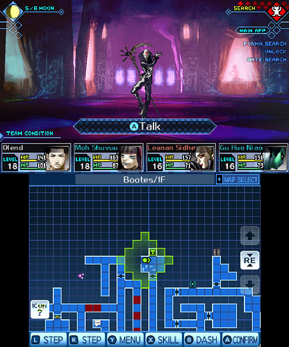 Shin Megami Tensei : Strange Journey Redux (3DS) gameplay screen showing an example of both the top exploration screen and the bottom mapping/menu screen