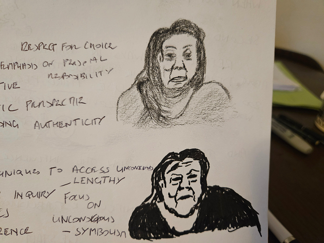 Two self-portraits based on me in a Zoom thumbnail, one in charcoal and one in ink.