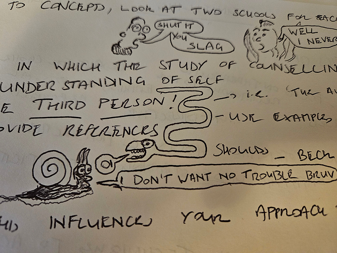 A page of notes, between which a cartoon snake literally down to a snail and says 'OI' to which the snail replies by saying 'I DON'T WANT NO TROUBLE BRUV'