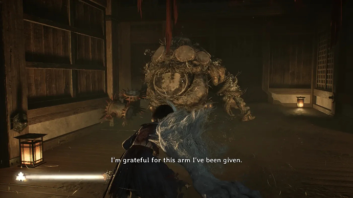Screenshot from the game Silent Hill F. Protagonist Hinako, in beast form, faces off against an enormous monster composed of a mass of flesh, rope and drums. Hinako's arm has been replaced with that of a huge grey fox, and her back has been branded with a strange symbol.