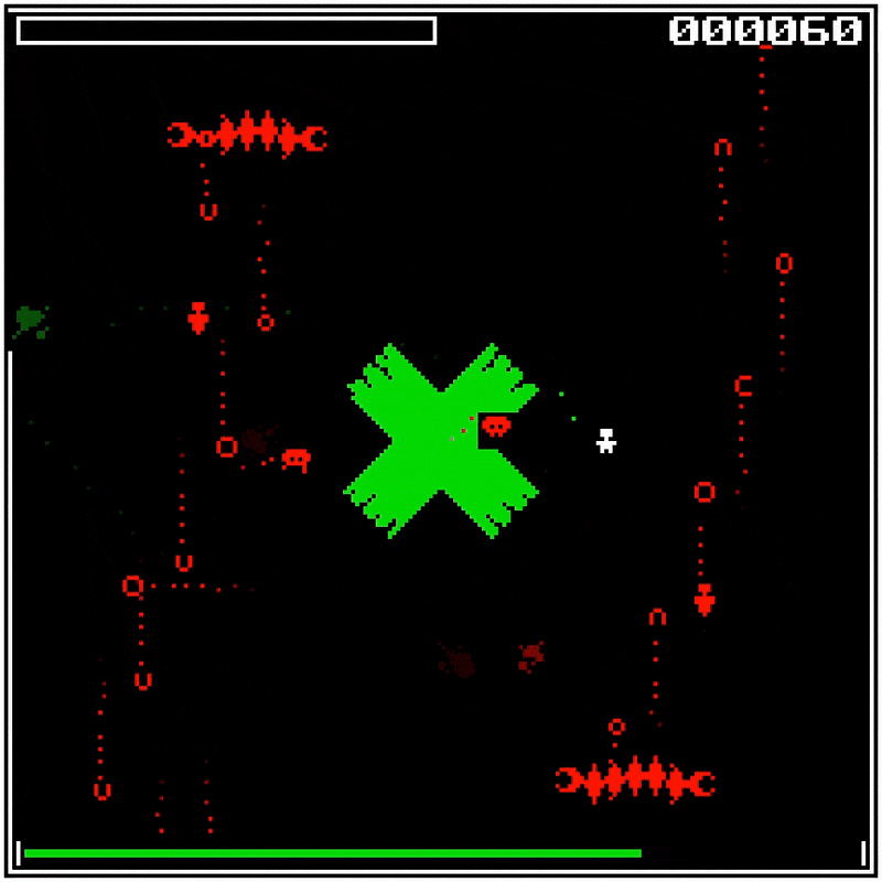 Screen recording of the trailer to Battery Acid Boy 2, a pixel art bullet hell game. A tiny humanoid sprite representing the player runw and dashes around the screen, dodging or deflecting projectiles fired by ghosts and centipedes.