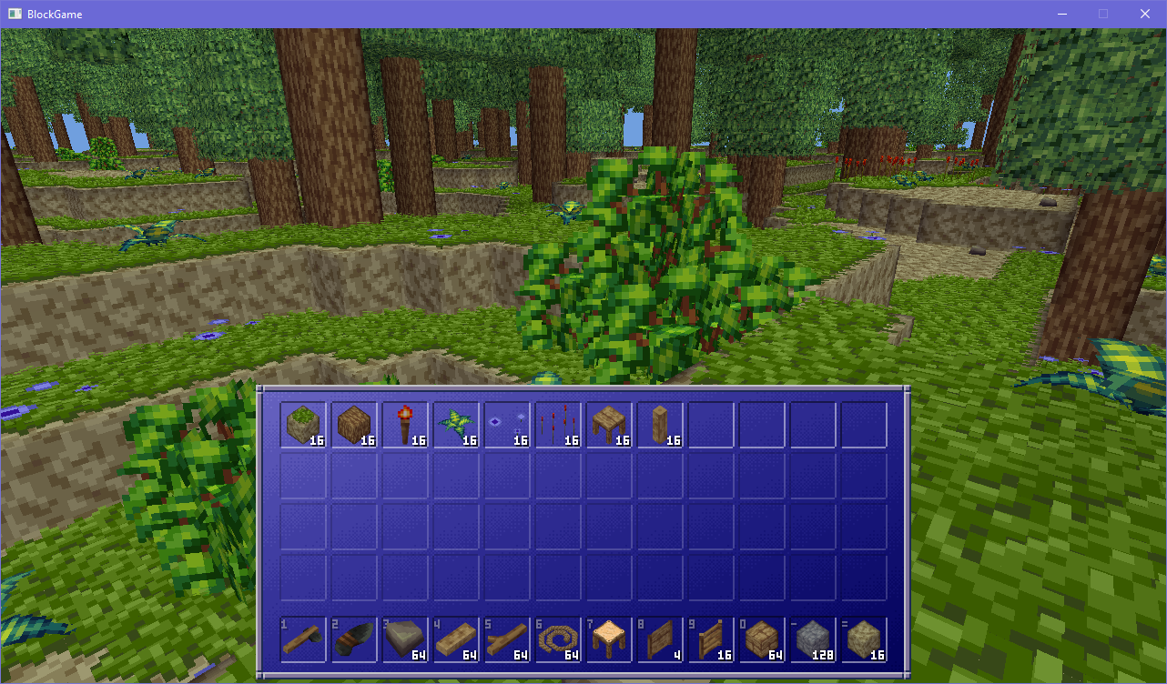 voxel foresty landscape with an open inventory. it contains 20 different items, 2 rows full rounded