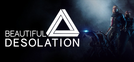 A header image for the game Beautiful Desolation. The game's title and triangular logo take up most of the space. To the right of the title is the game's protagonist, with his brother standing behind him.
