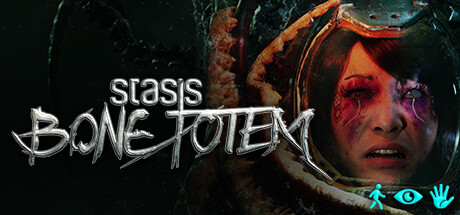 A header image for the game STASIS: Bone Totem. The dominant image is of a woman's face on the right; she is wearing a diving suit helmet. She has brown hair, her expression is one of fear. The skin around her eyes looks painfully red, and a subtle blue light is emitting from her left eye.