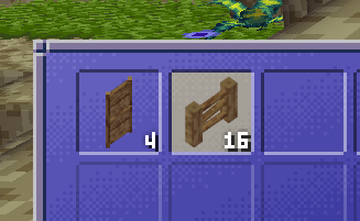 Door and fence icons in block game. The door is two blocks tall, as it should be, and the fence is two posts connected in the center by sticks