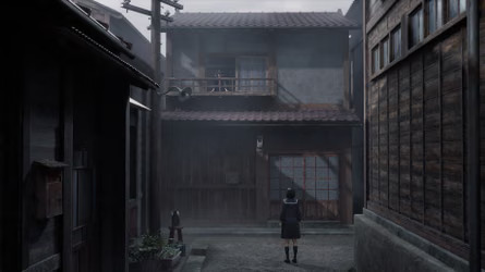 Screenshot from the game Silent Hill F. Protagonist Hinako stands at the foot of a house, looking up at a figure stood on the balcony. The scene is decidedly grey and foggy.